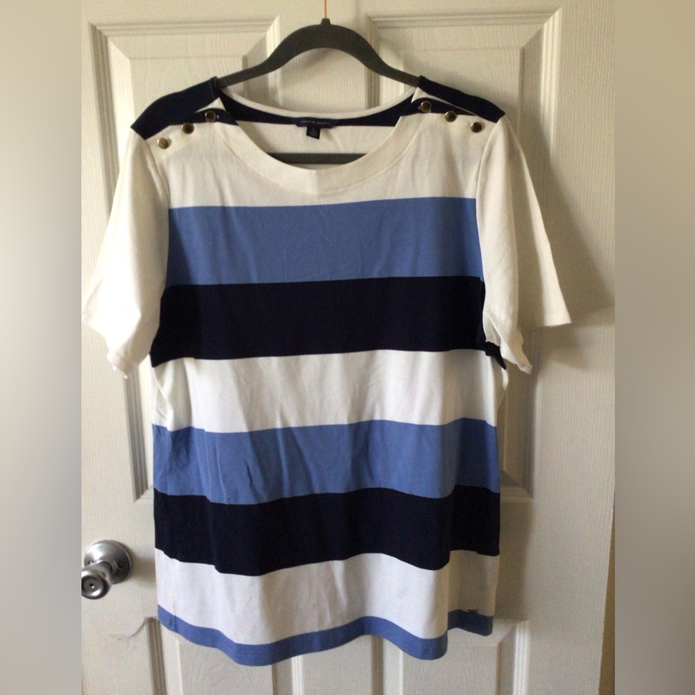 Tommy Hilfiger Blue and White Crew Neck Top